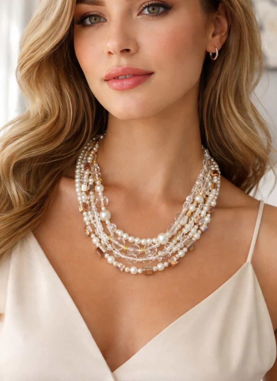 Premier Design Pearl Crystal Multi Strand Necklace New